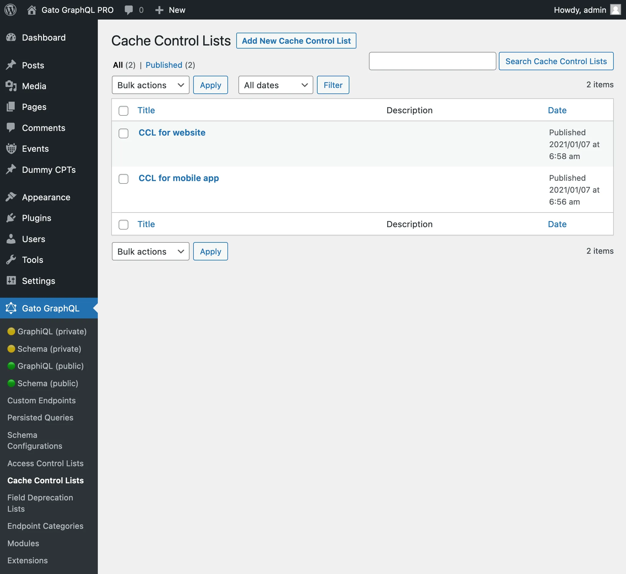 Listes de Cache Control