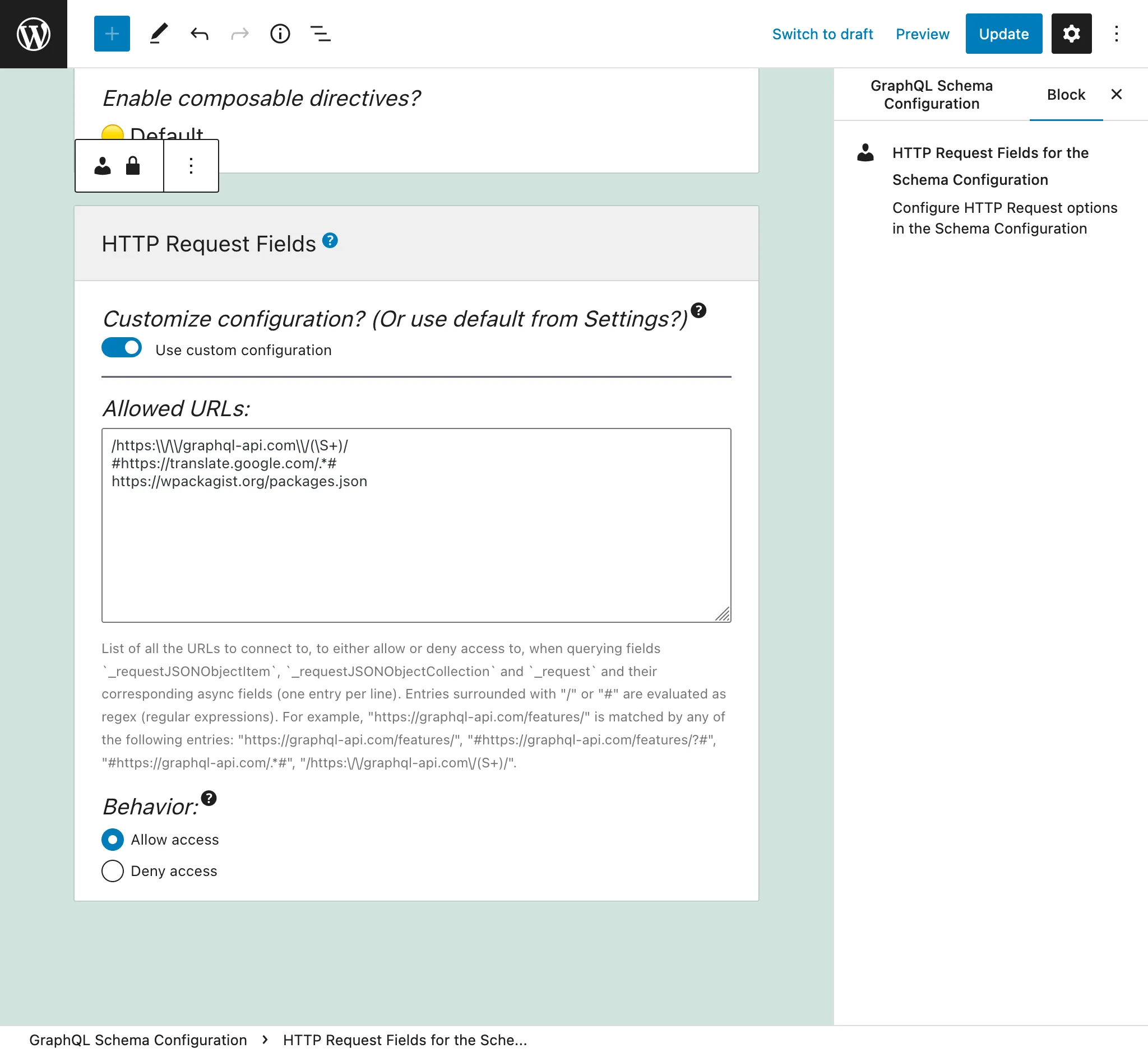 Définition des entrées pour la Configuration du schéma Définition des entrées pour la Configuration du schéma
