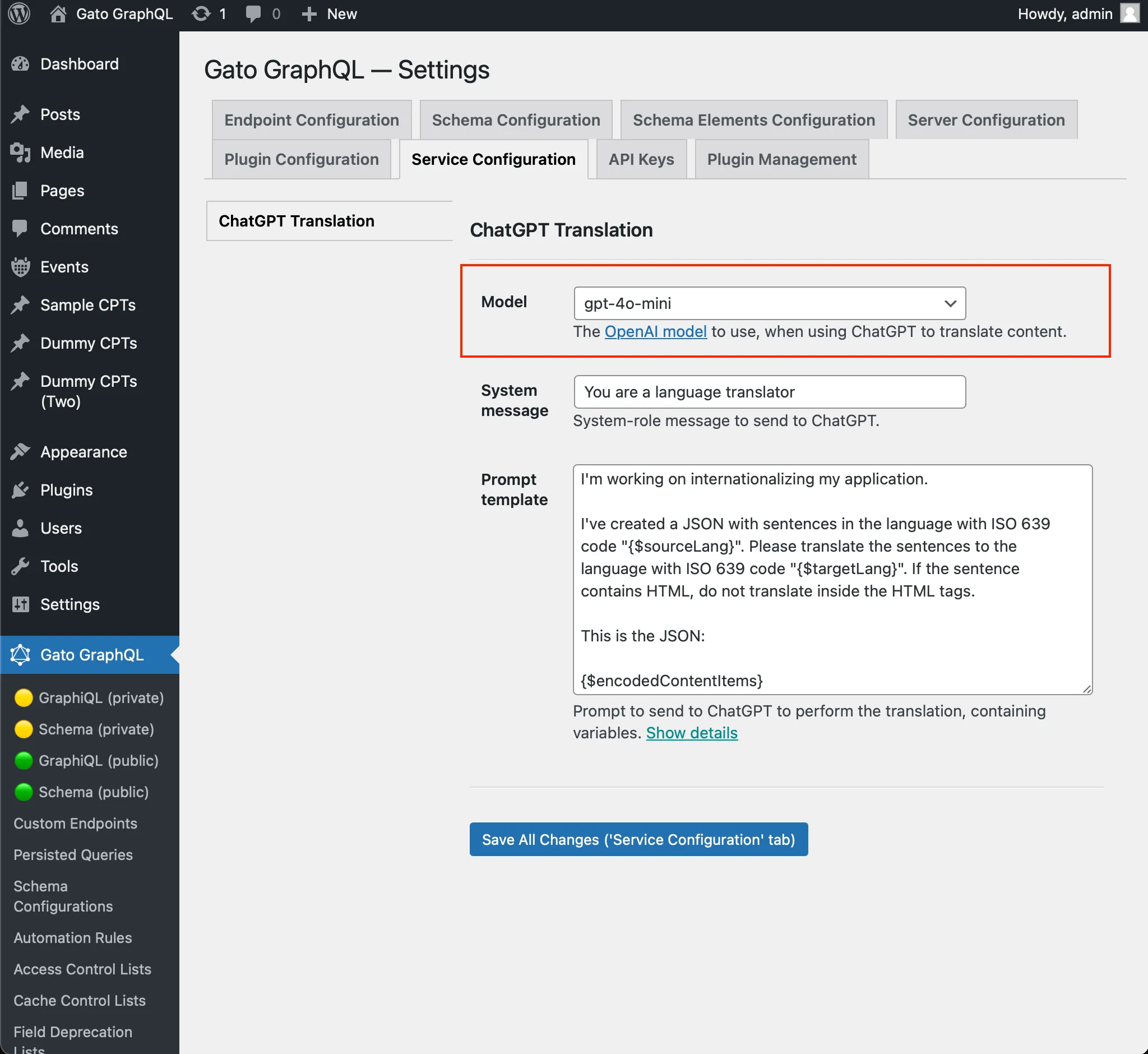 Configuration du modèle ChatGPT