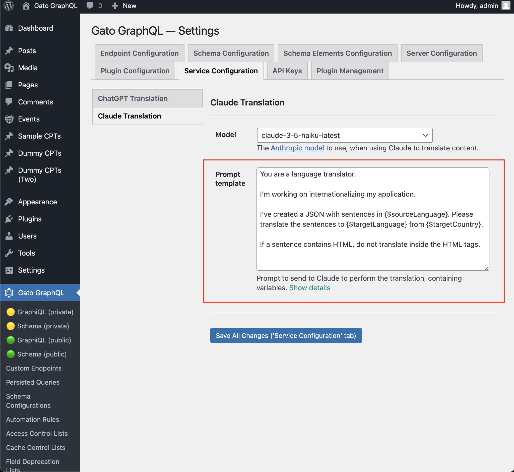 Configuration du prompt pour Claude