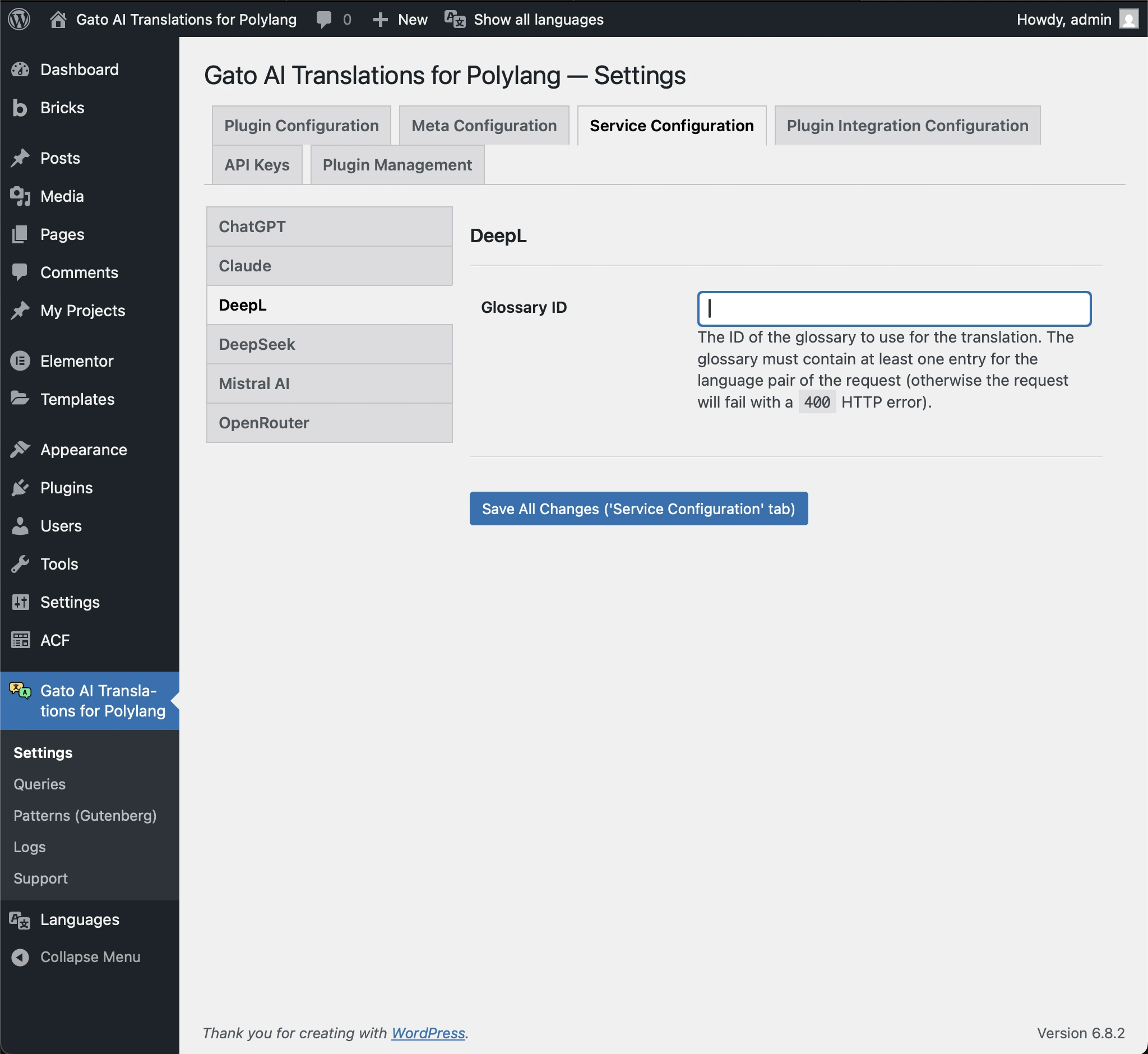 Configuration de l'ID du glossaire pour DeepL