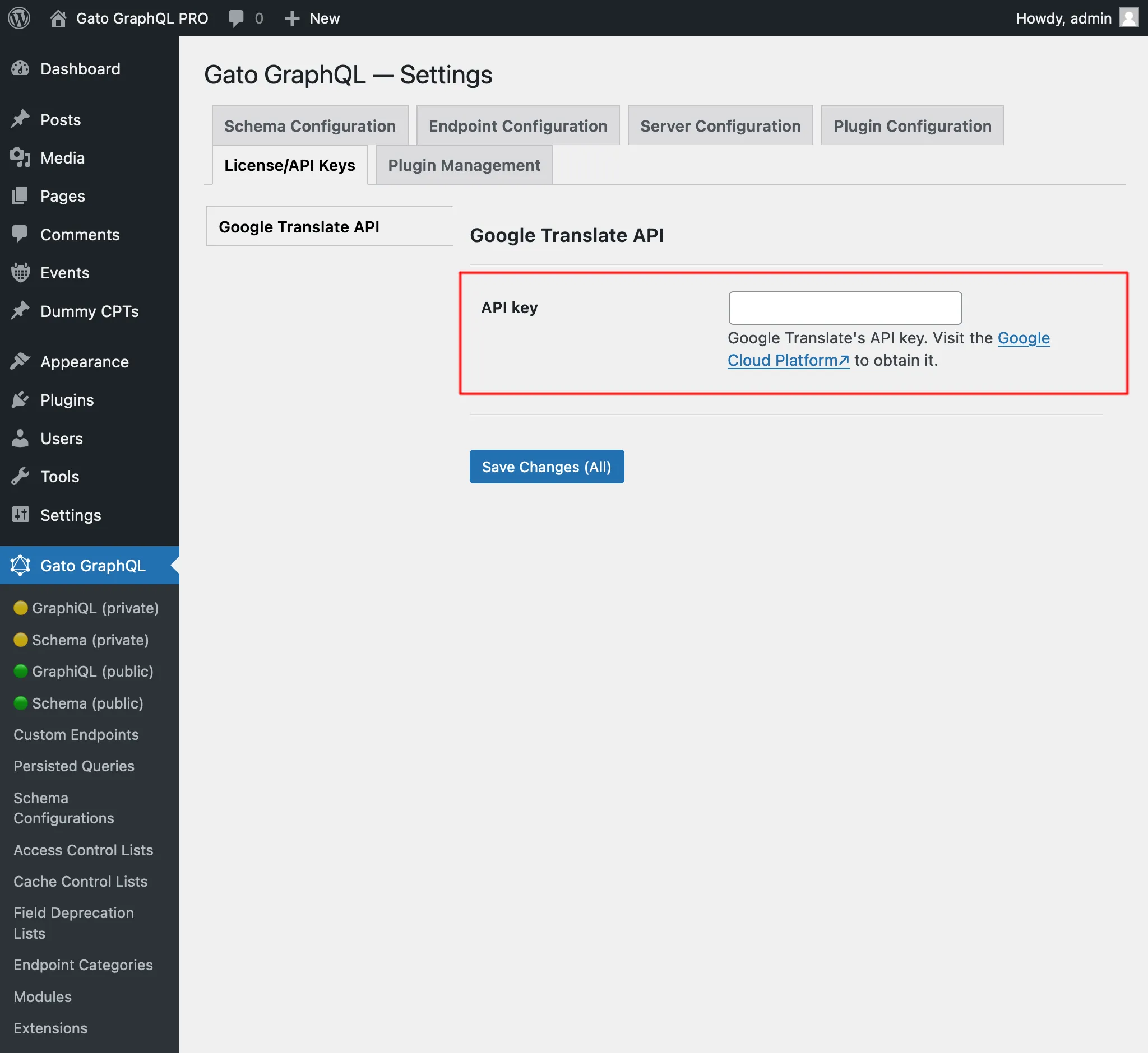 Configuration de la clé API de Google Translate