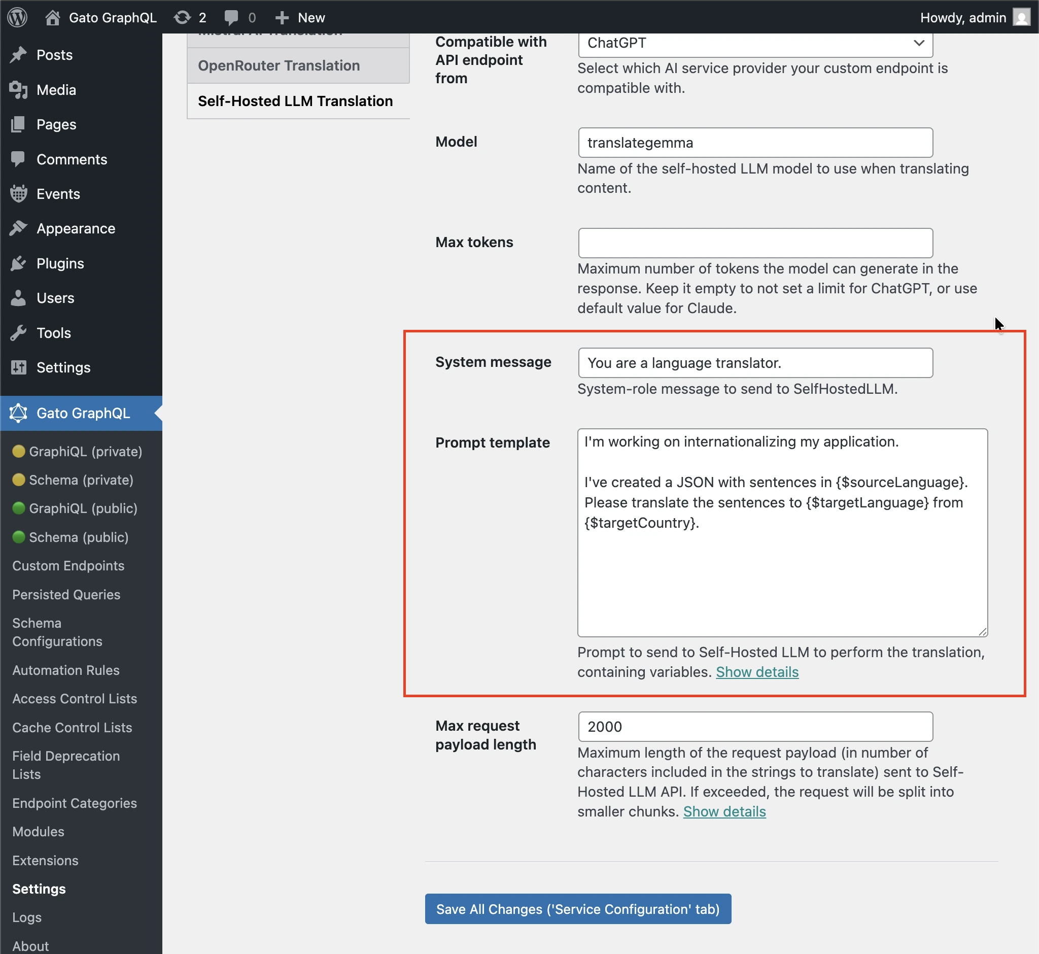 Configuration du prompt pour SelfHostedLLM