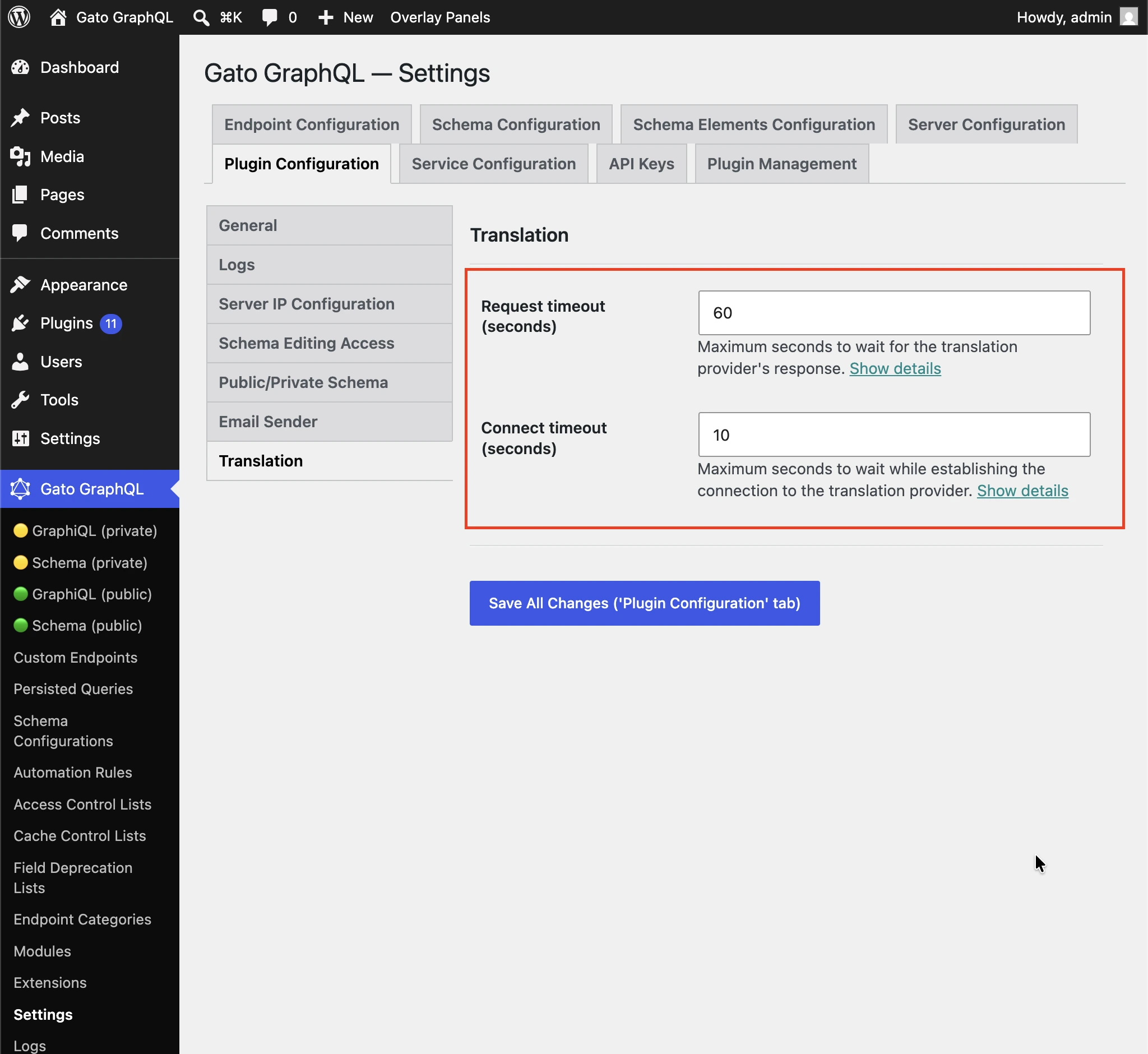 Définition du Request timeout et du Connection timeout pour la traduction