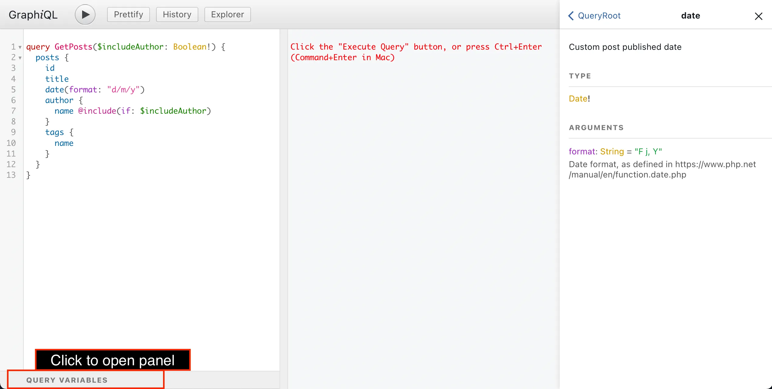 Ouverture du panneau Query variables Ouverture du panneau Query variables