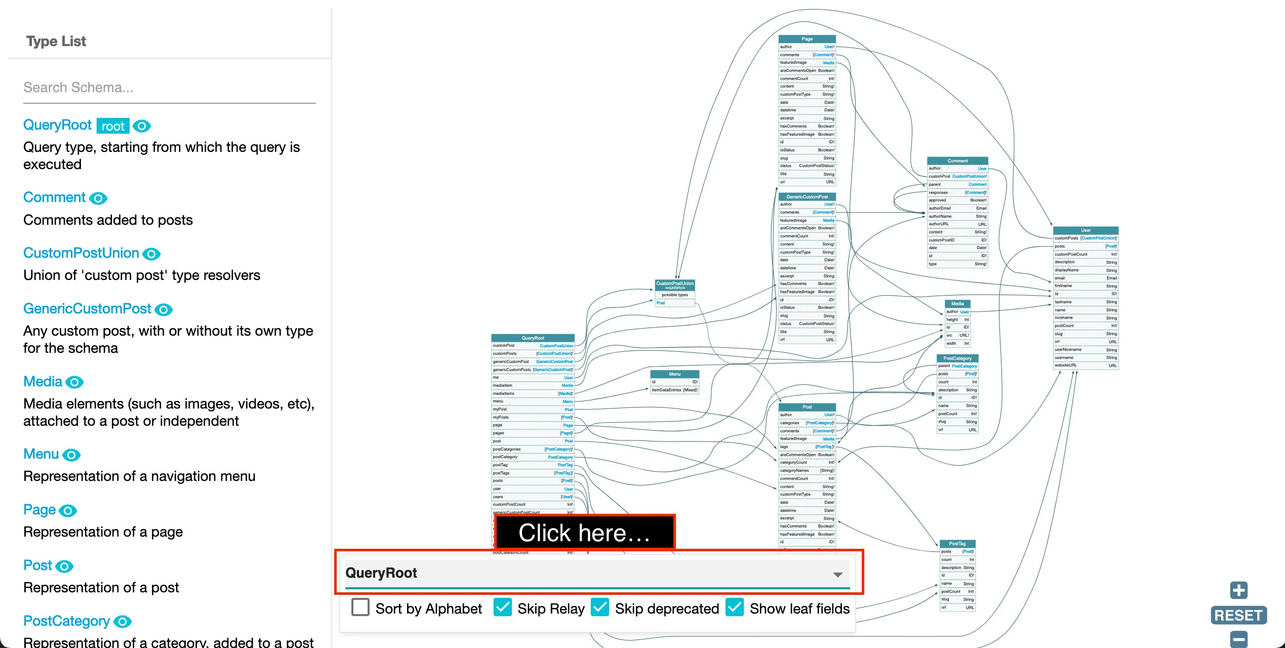 Types GraphQL, dans le panneau flottant Types GraphQL, dans le panneau flottant