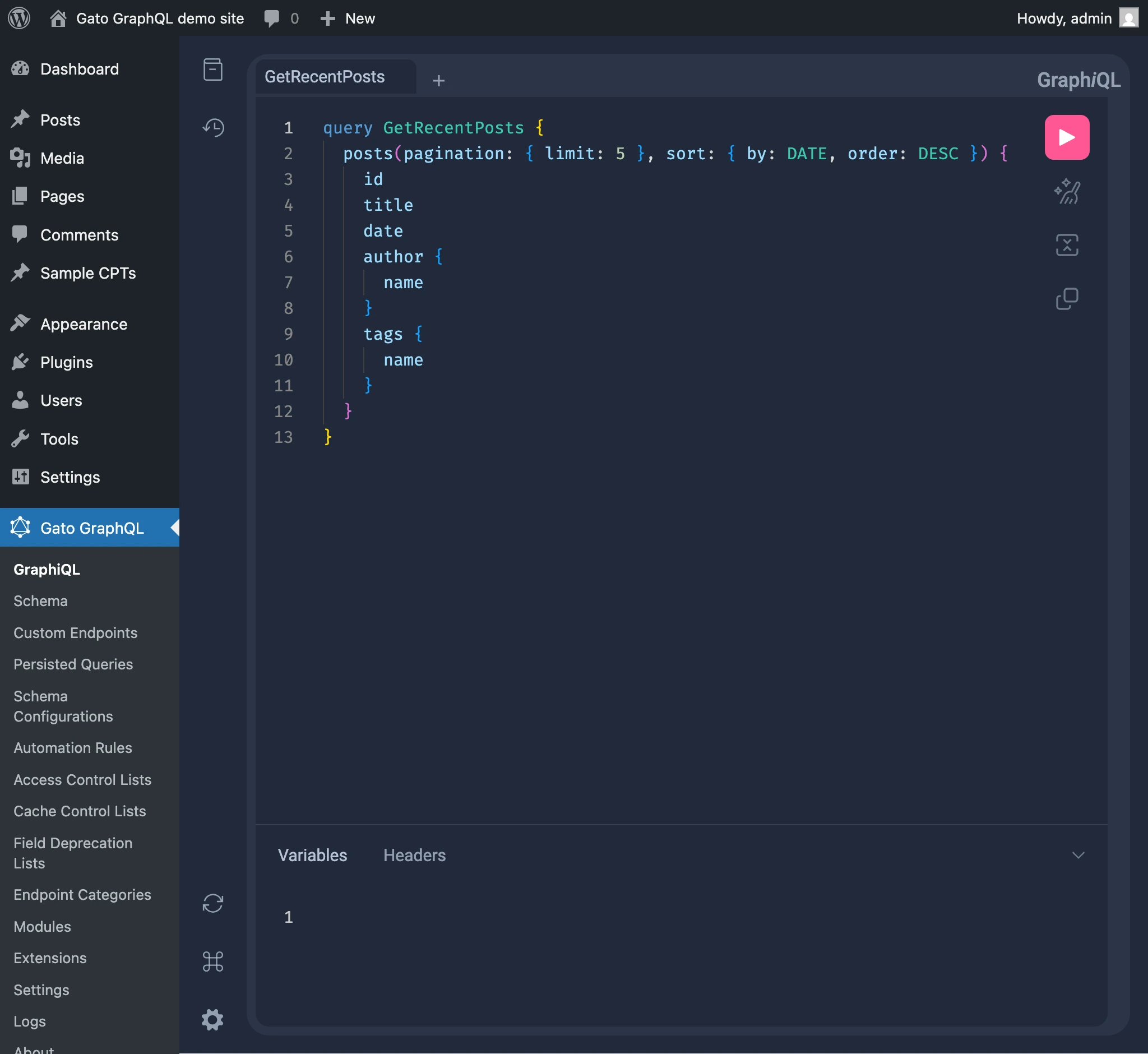 Client GraphiQL dans le wp-admin