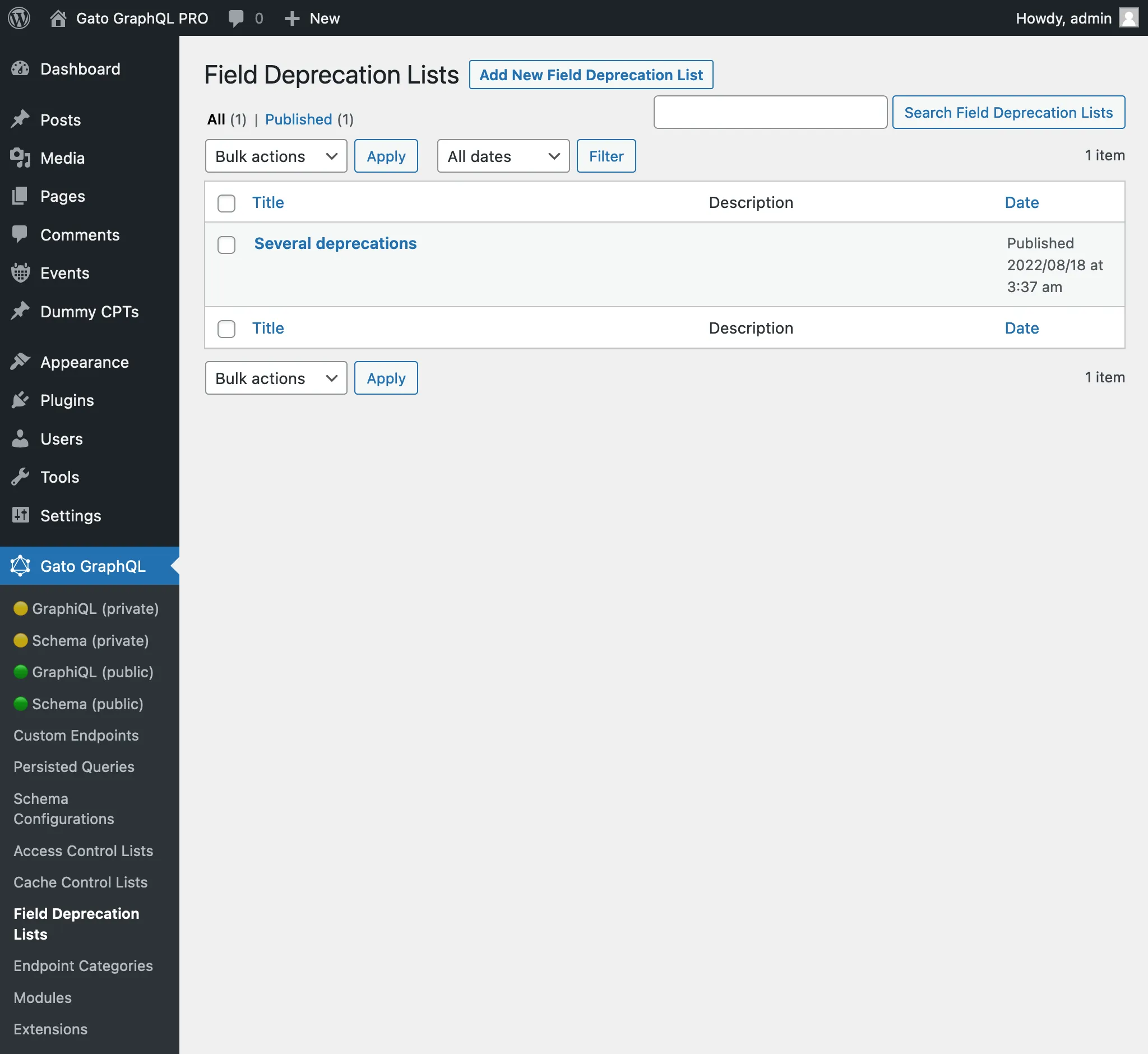 Field Deprecation Lists dans l'administration