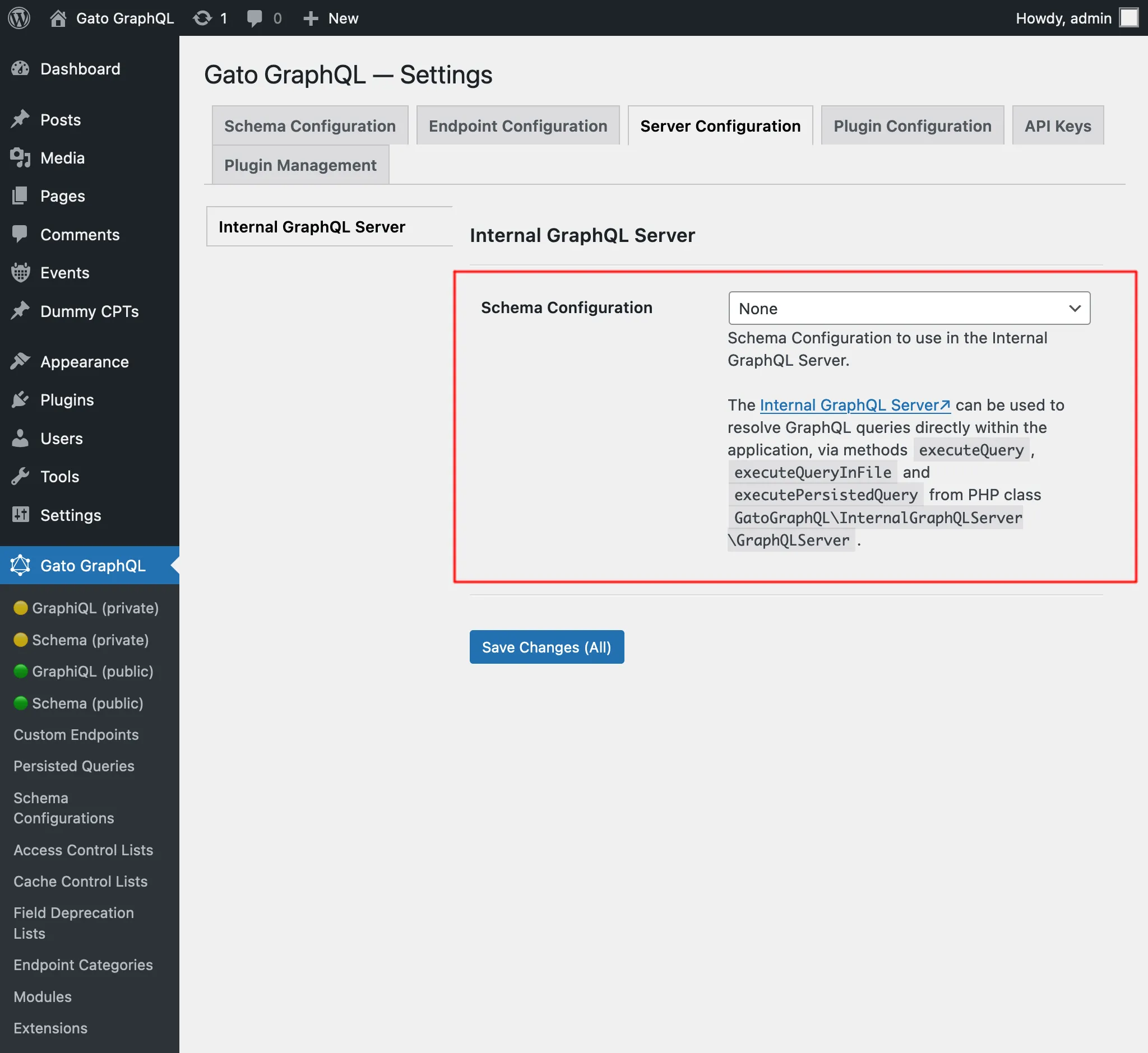 Configuration du schéma pour le Internal GraphQL Server dans les Paramètres