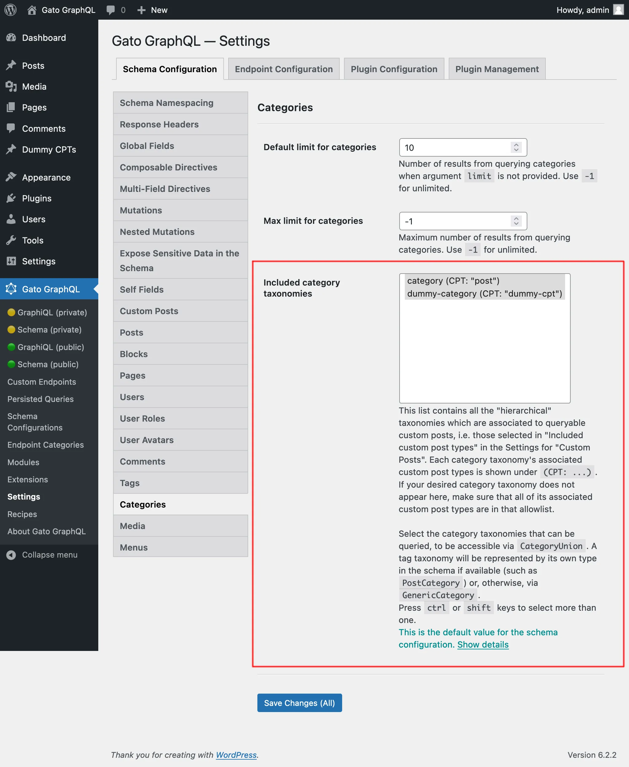 Sélection des taxonomies de catégories autorisées dans les Réglages