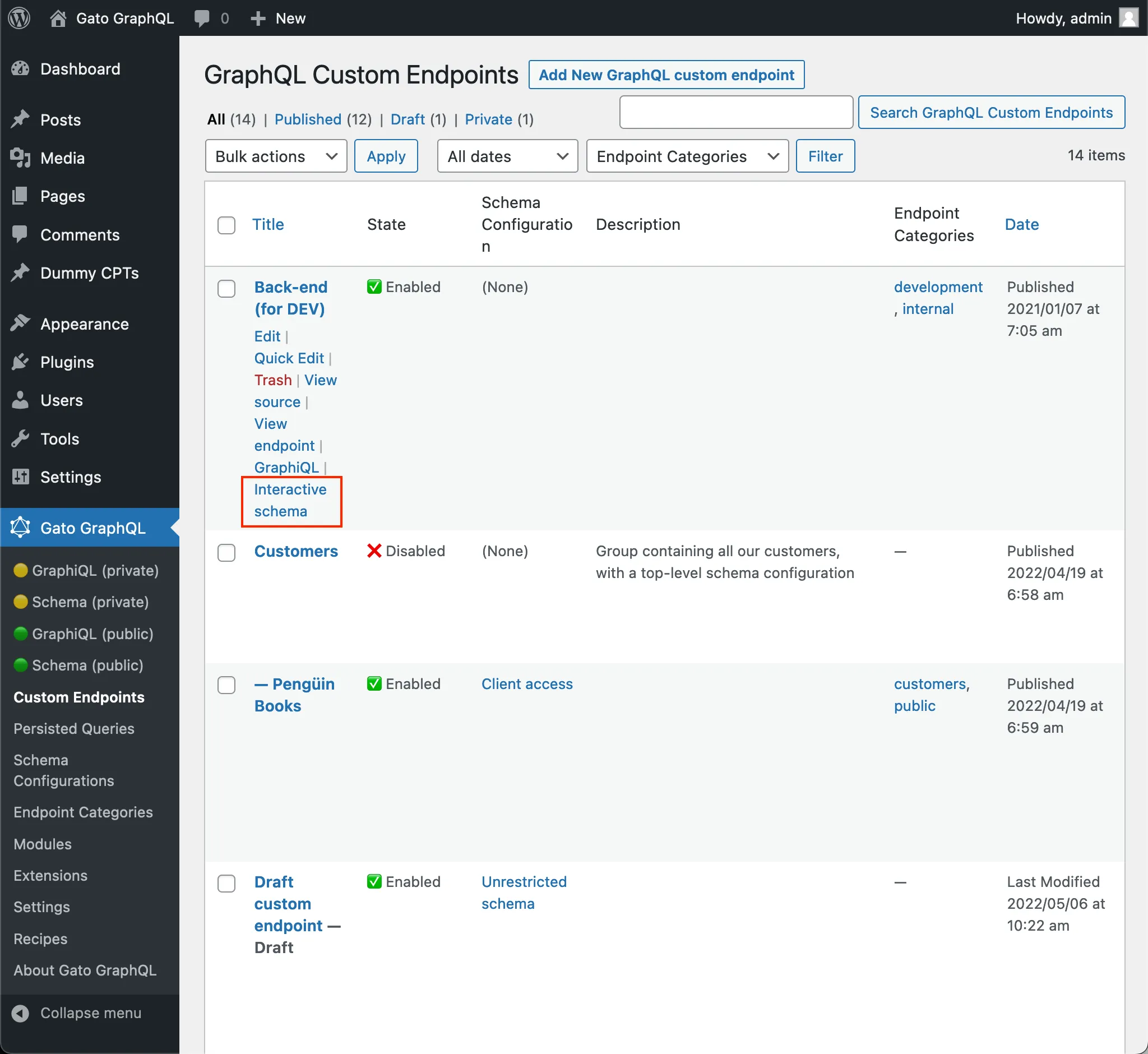 Lien vers le client Interactive Schema du custom endpoint dans la liste
