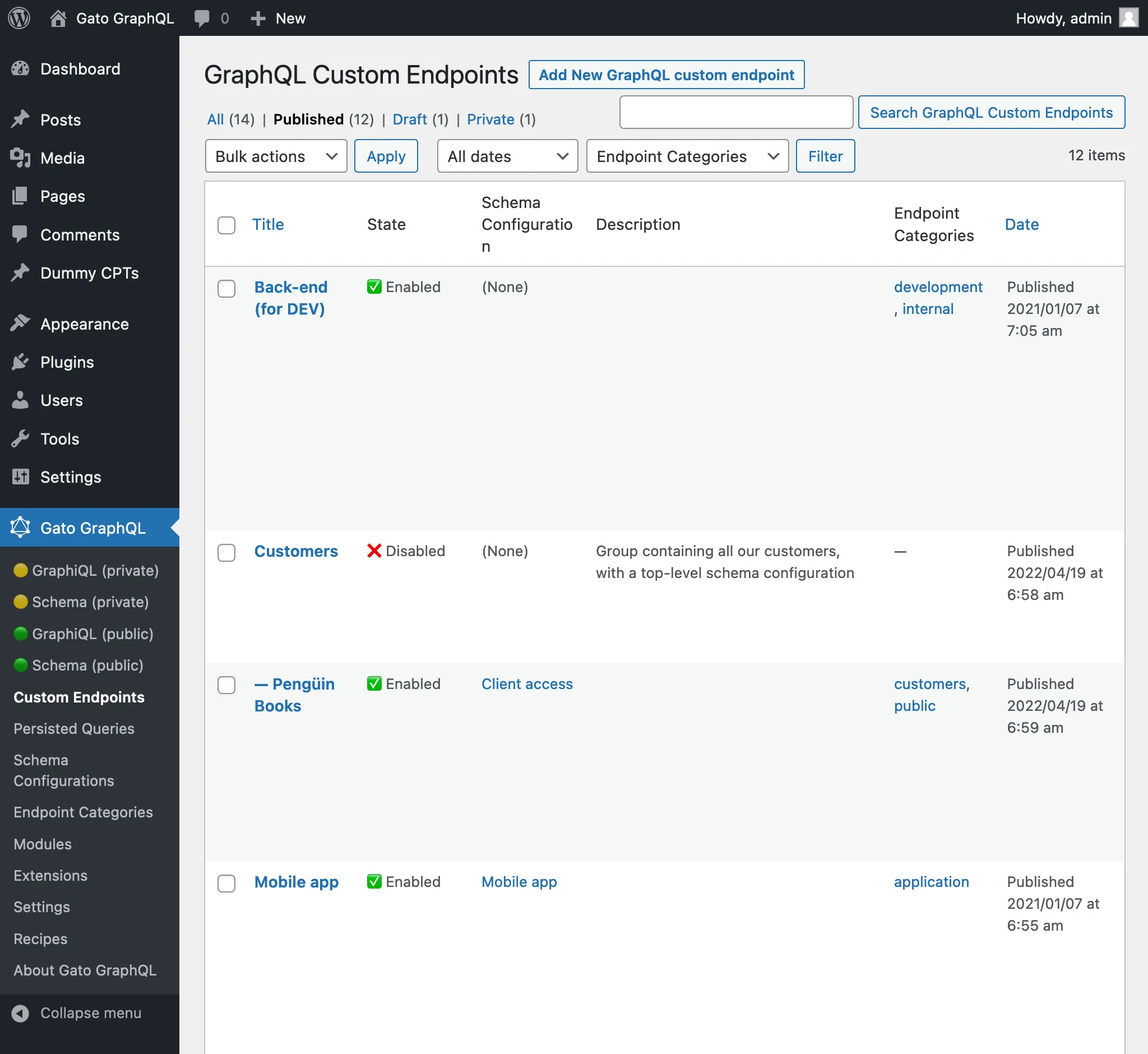 Page des Custom Endpoints