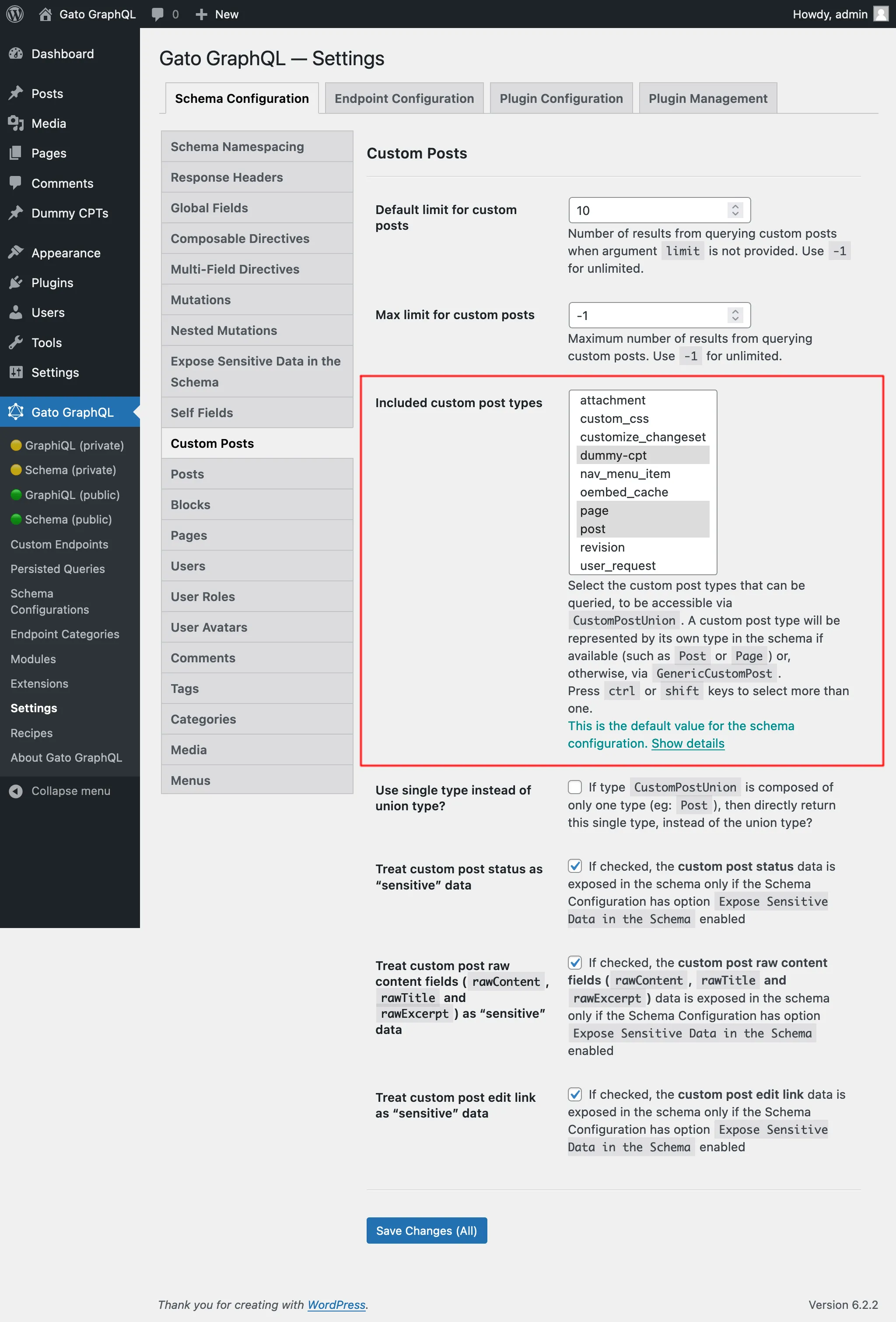 Sélection des Custom Post Types autorisés dans les Réglages