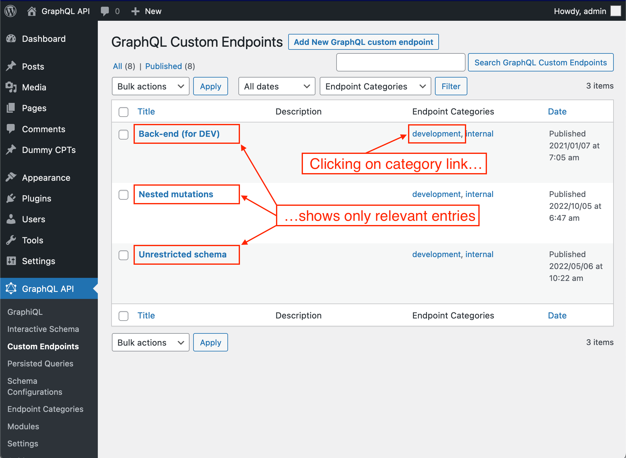 Filtrage des Custom Endpoints par catégorie Filtrage des Custom Endpoints par catégorie