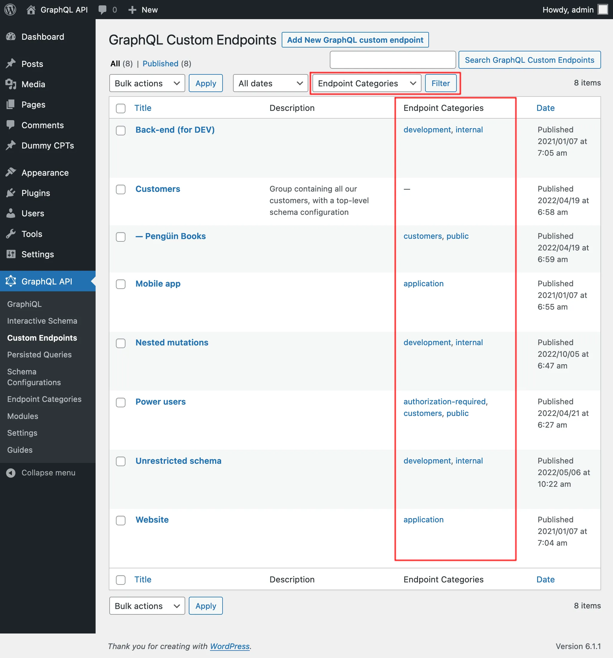 Liste des Custom Endpoints avec leurs catégories Liste des Custom Endpoints avec leurs catégories