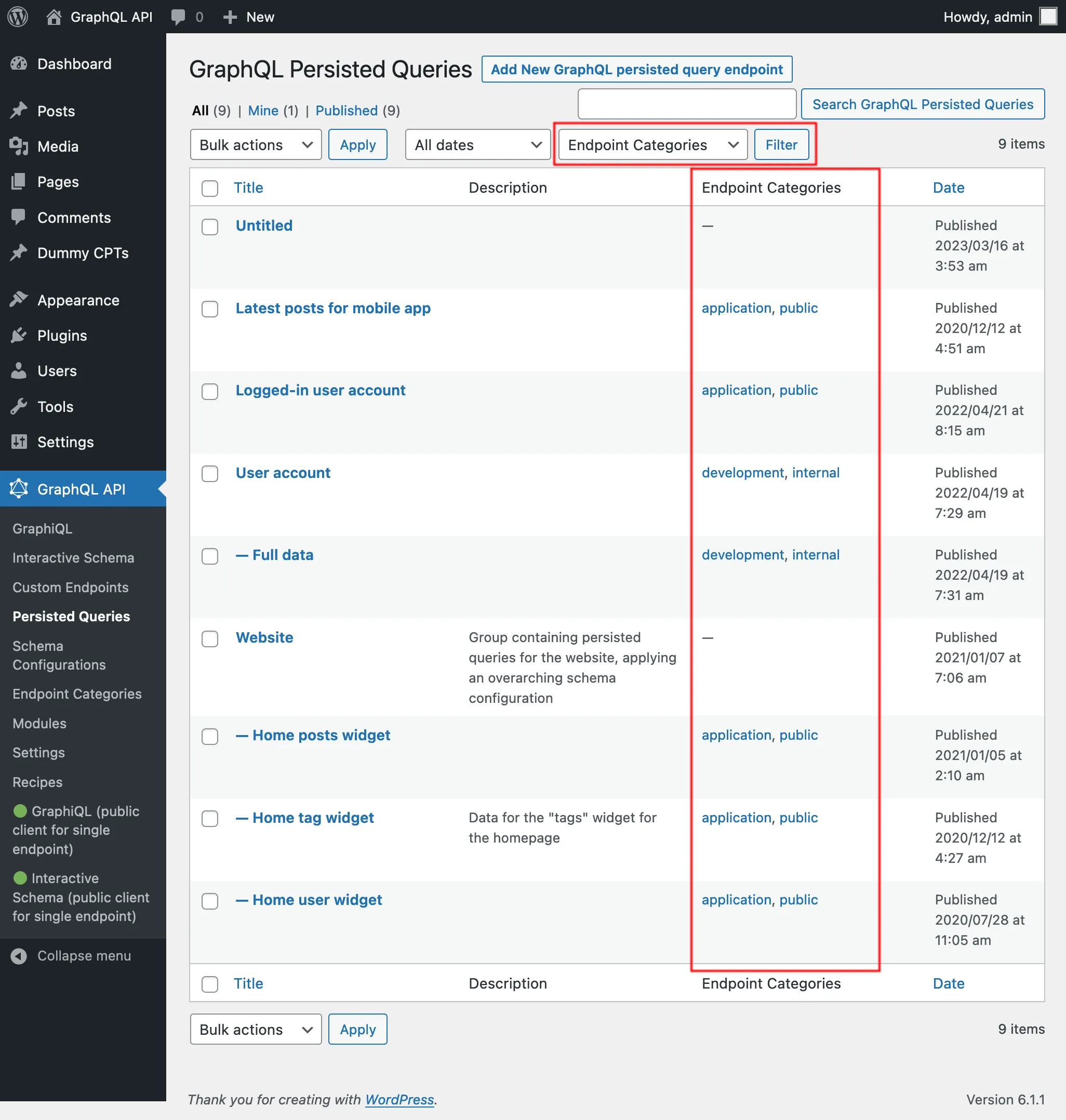 Liste des Persisted Queries avec leurs catégories