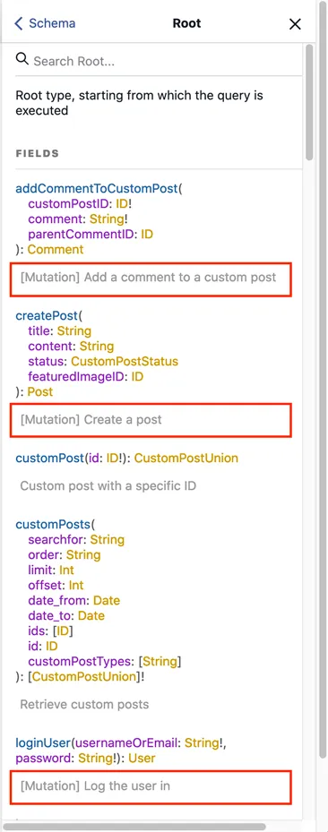 Description pour le type Root dans la documentation de GraphiQL Description pour le type Root dans la documentation de GraphiQL