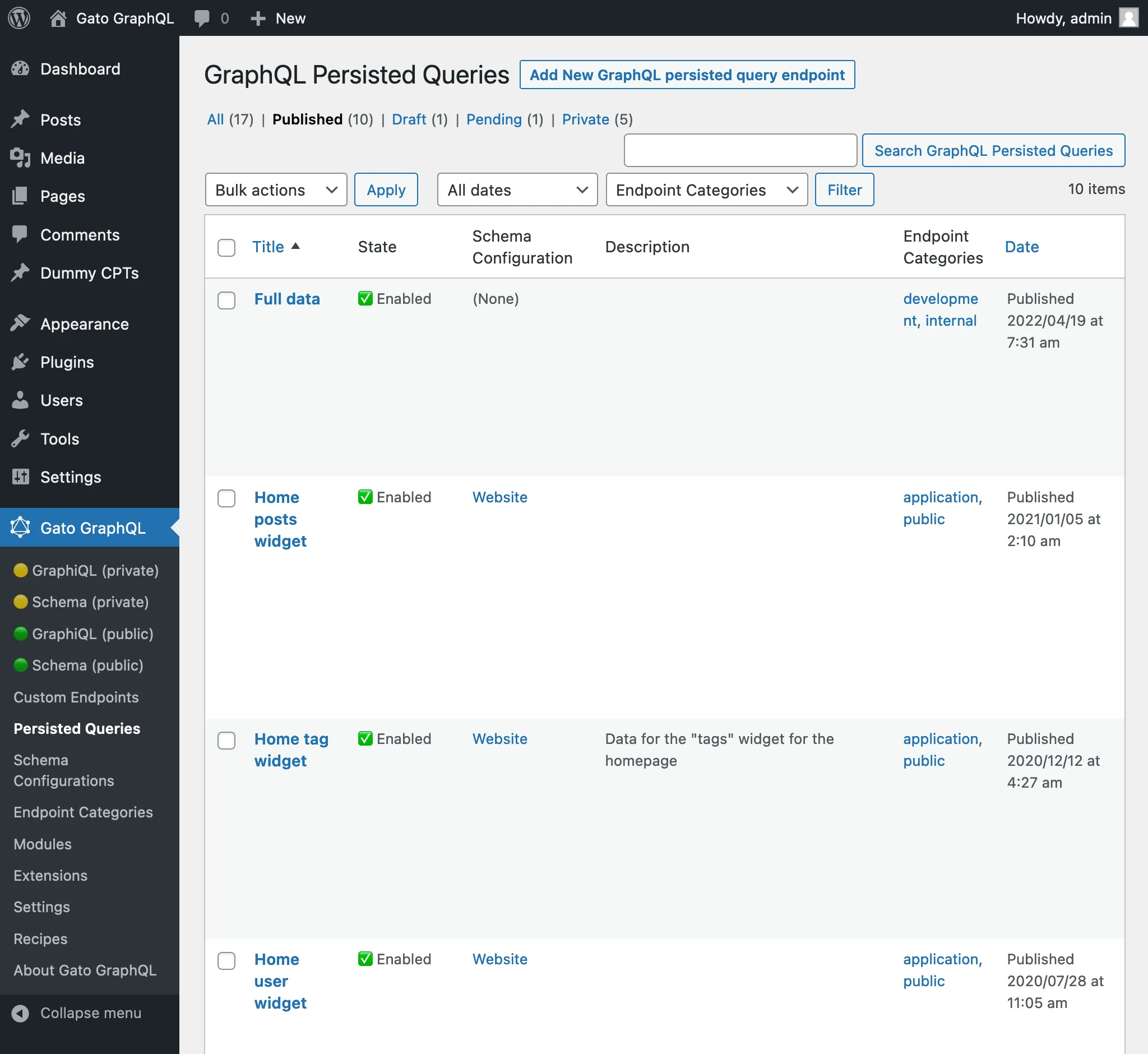 Page des persisted queries