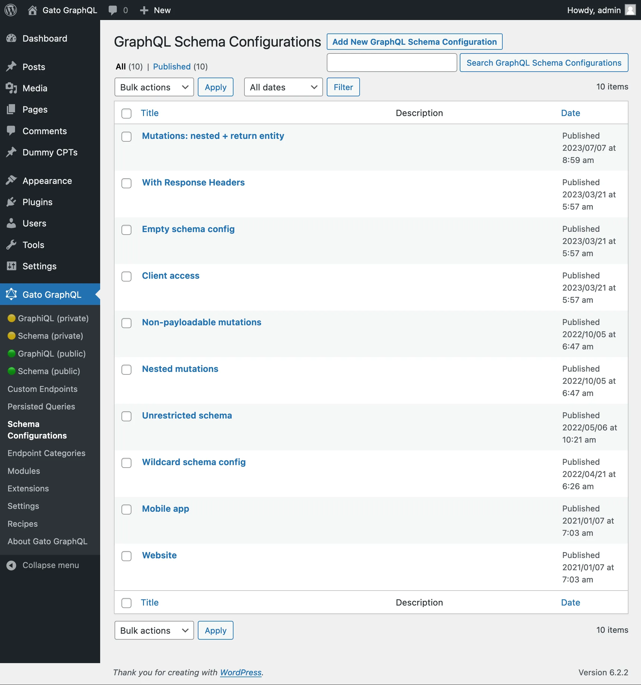 Configurations du Schéma dans l'admin