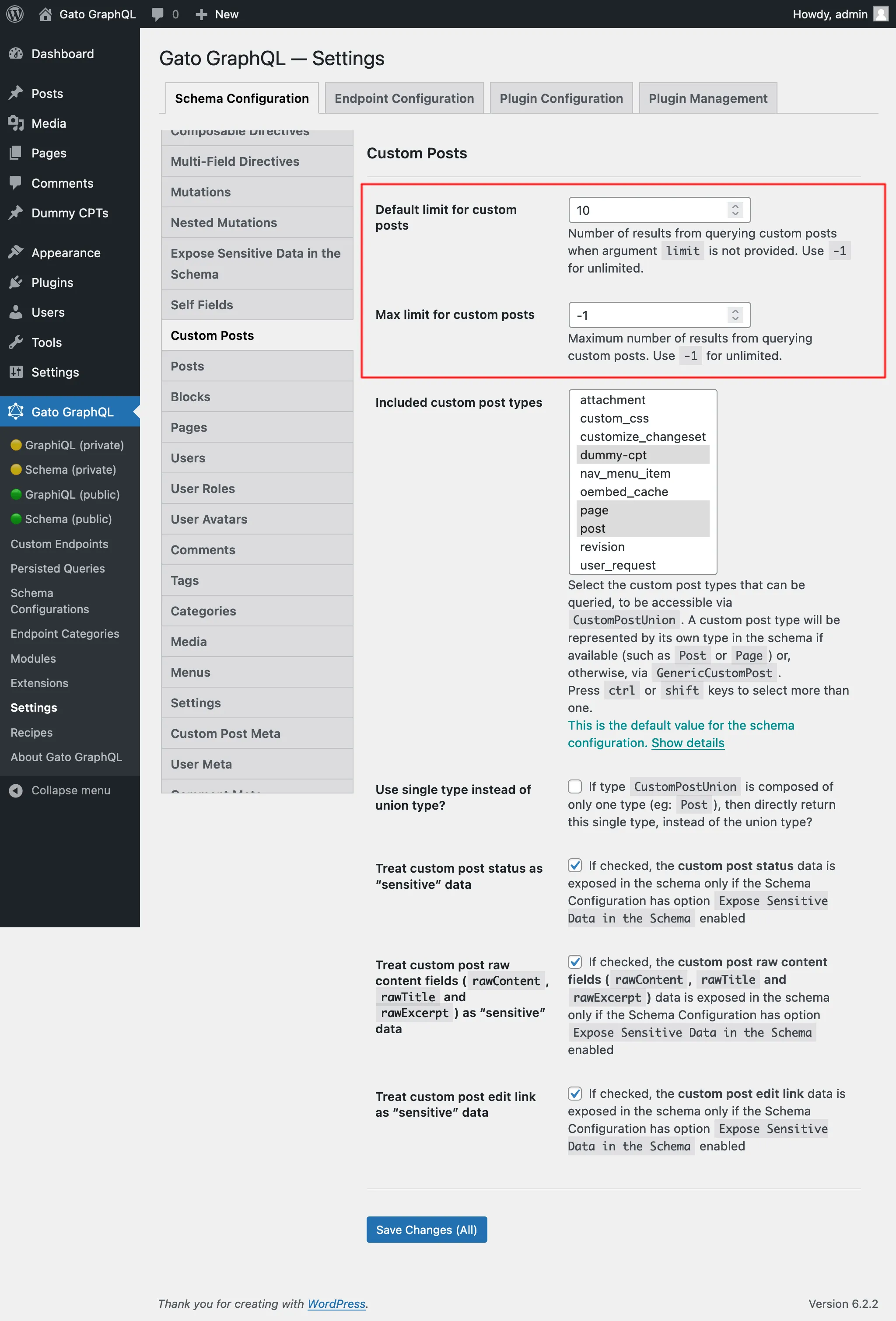 Paramètres pour les limites de Custom Post