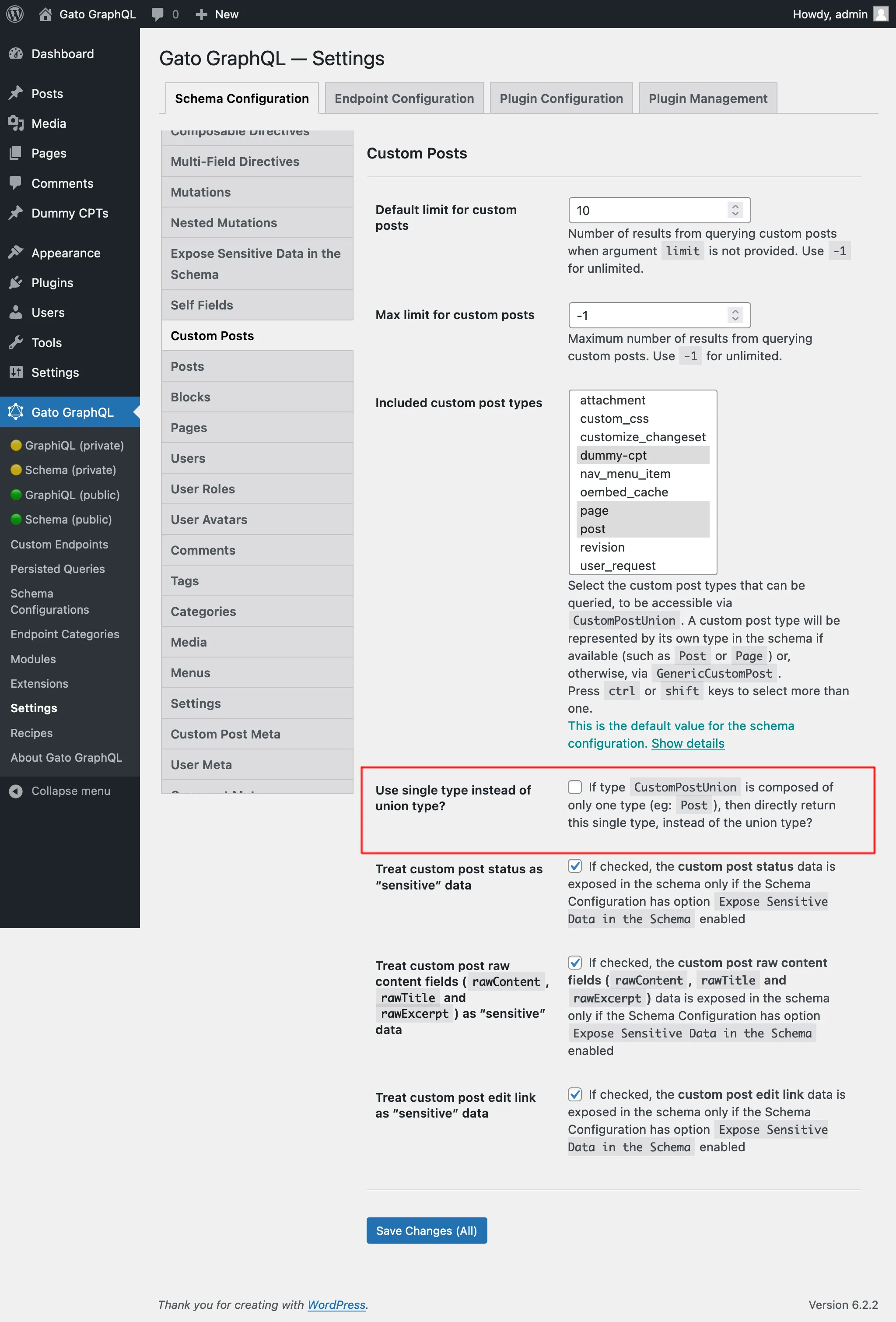 Réglages pour Custom Posts
