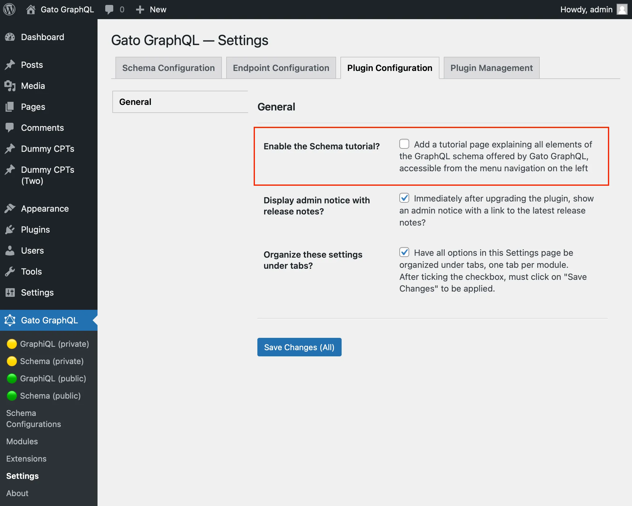 Activation de la page du tutoriel du Schéma dans les Réglages