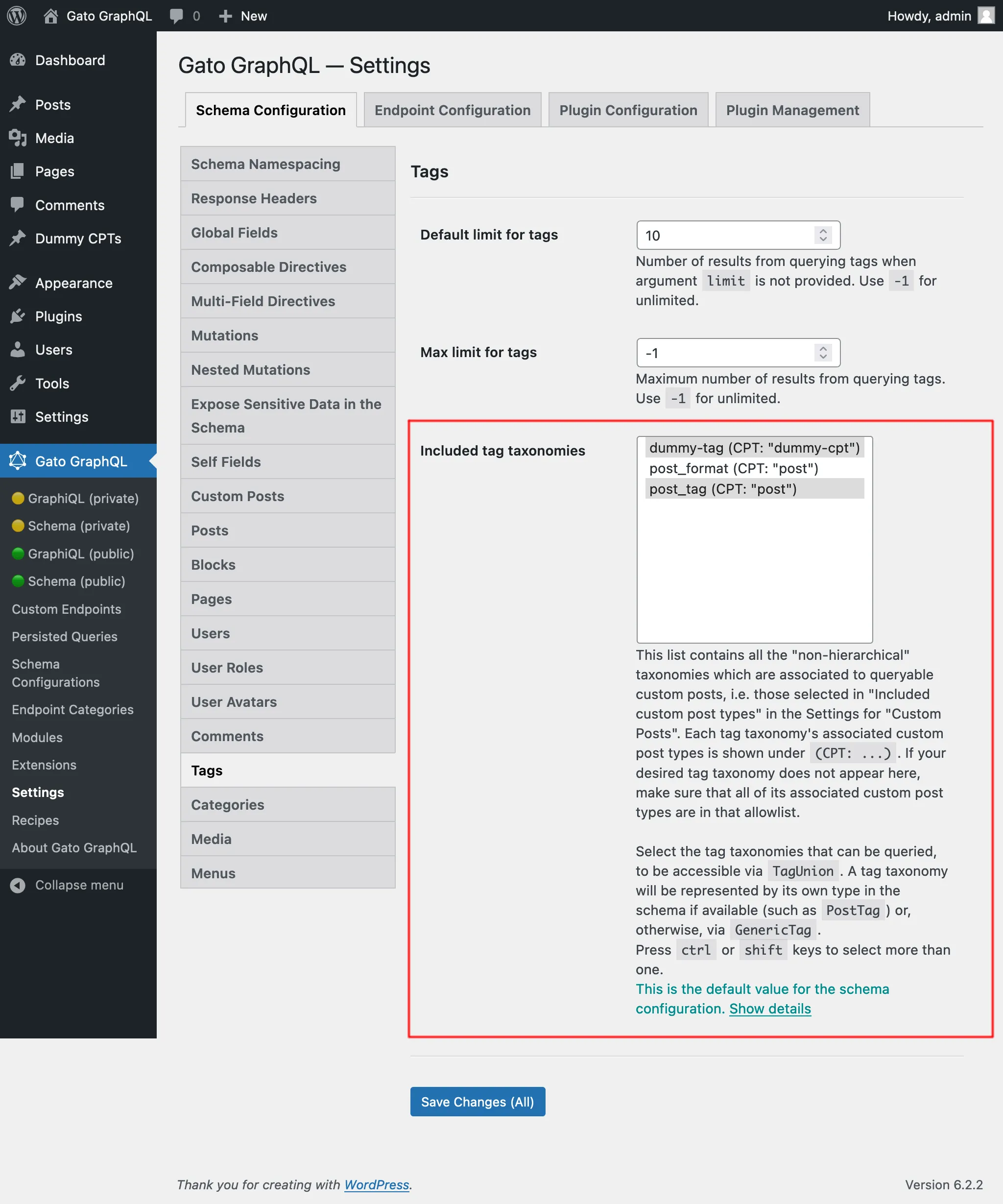 Sélection des taxonomies de tags autorisées dans les Réglages