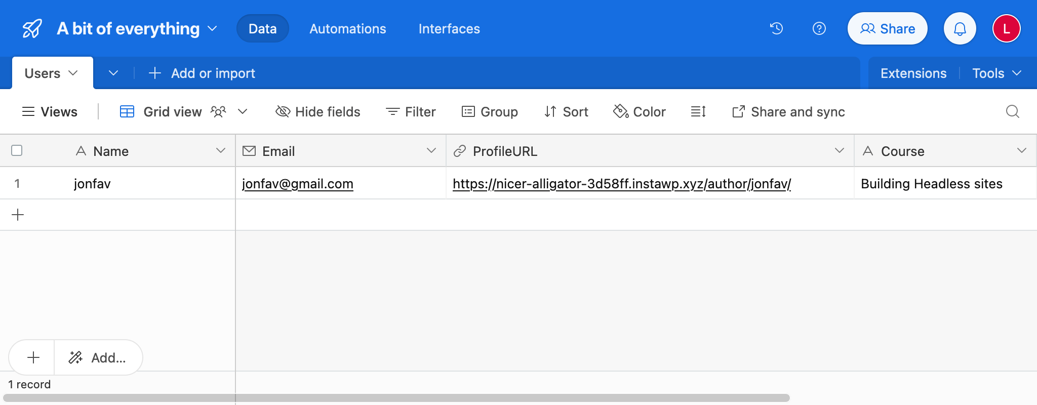 Table dans AirTable avec les données du LMS