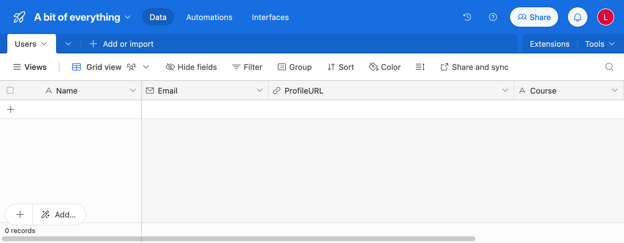 Table dans AirTable avec les données du LMS