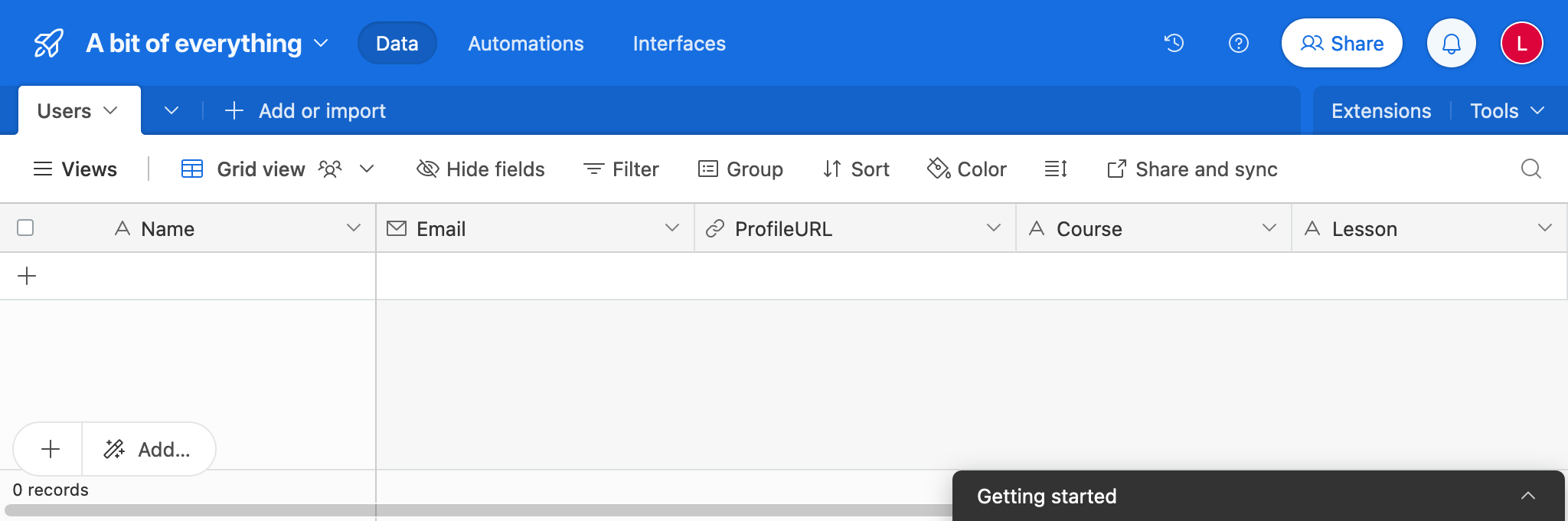 Table dans AirTable avec les données du LMS
