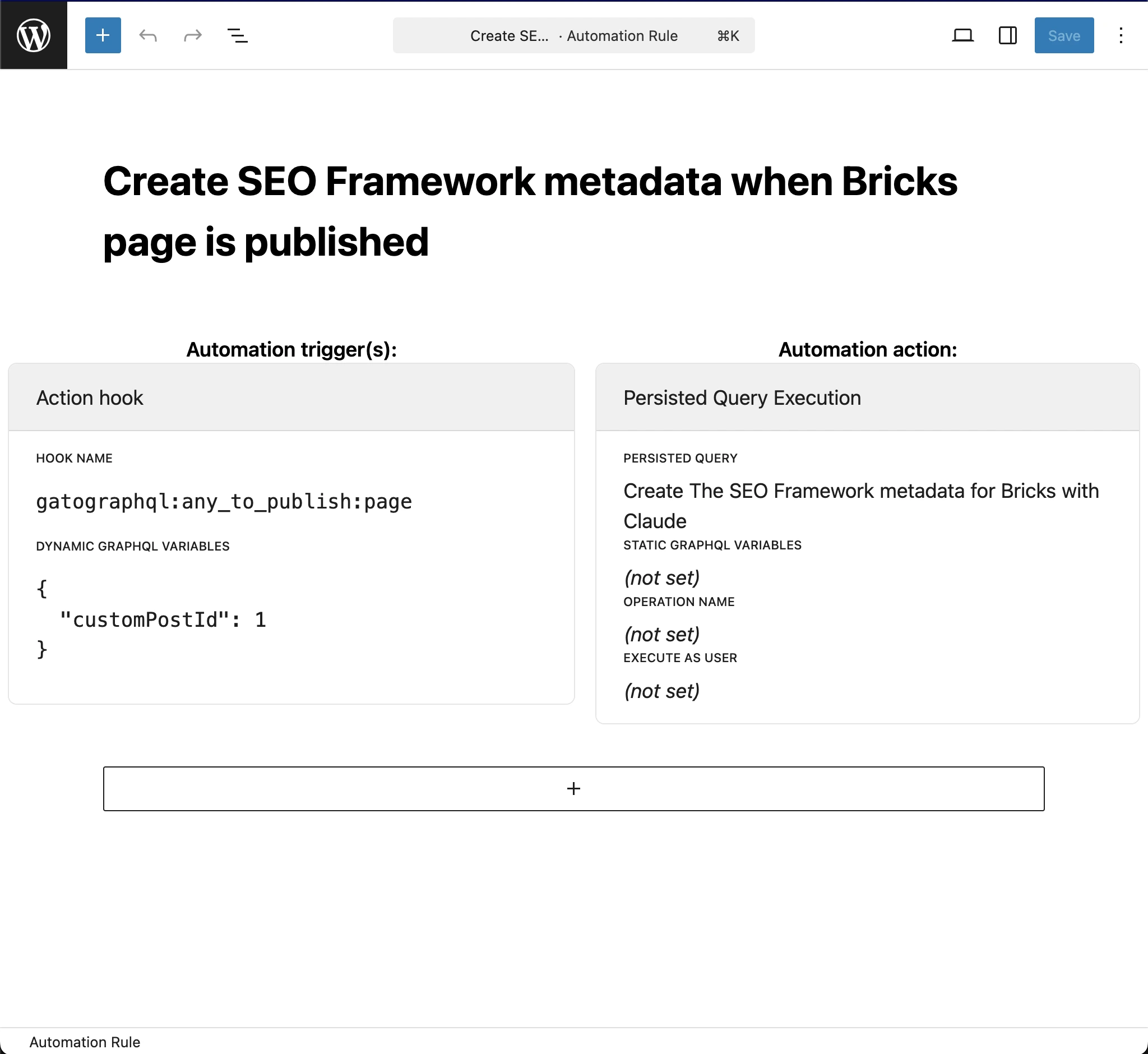Règle d'Automation pour créer les métadonnées de The SEO Framework pour Bricks avec Claude
