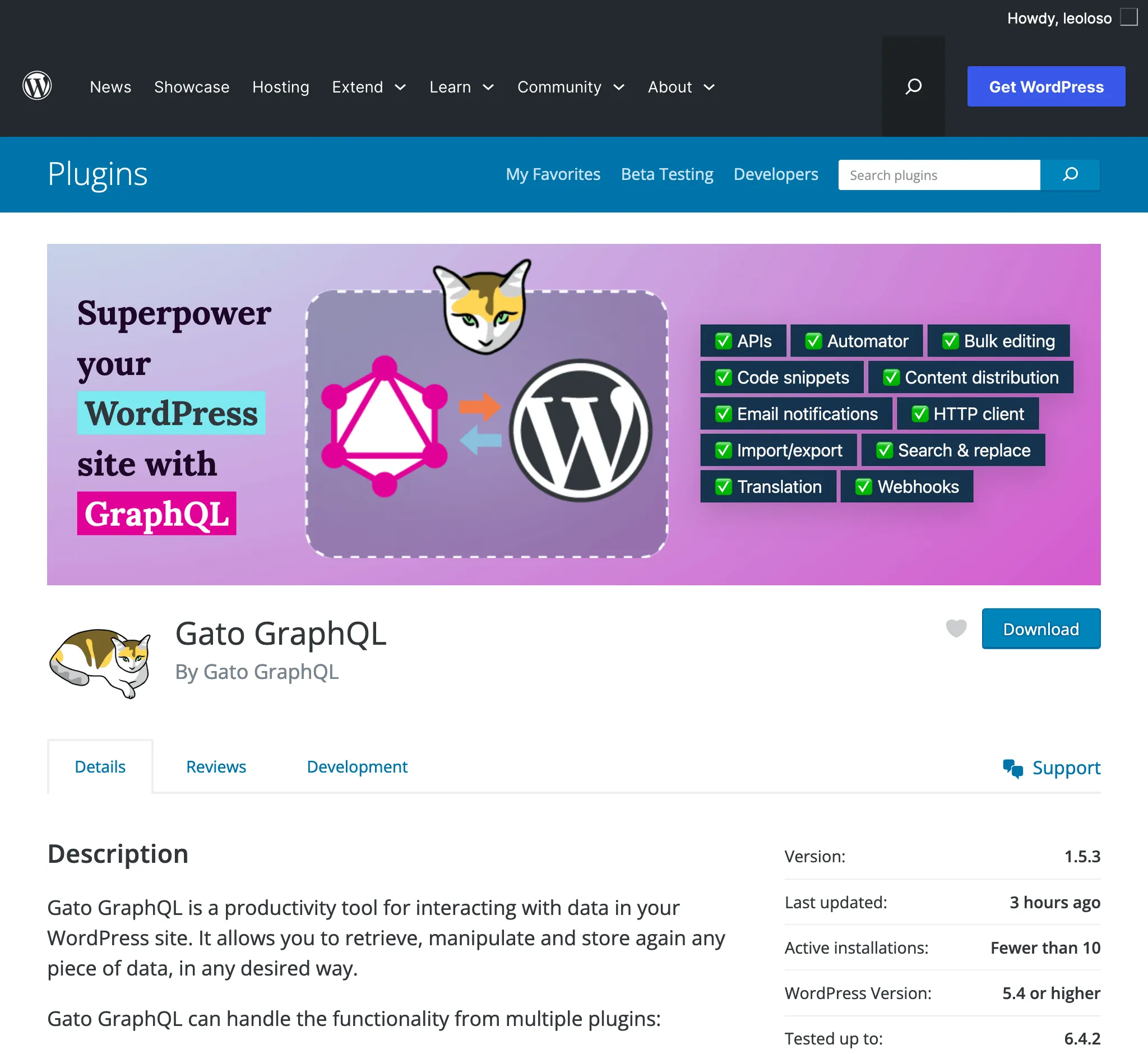 Gato GraphQL dans le répertoire de plugins WordPress