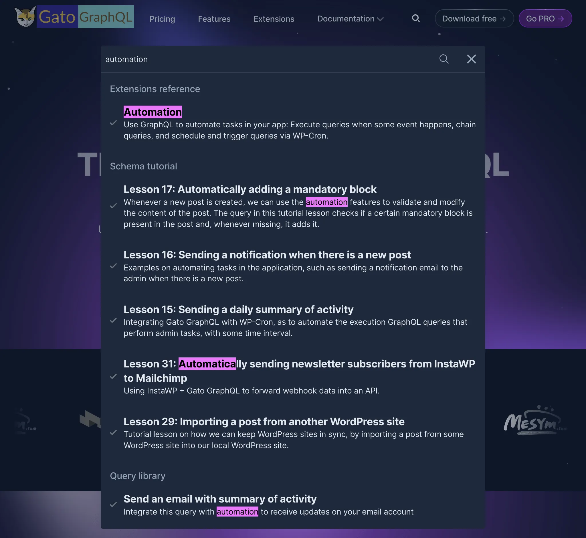 Recherche sur le nouveau site web de Gato GraphQL