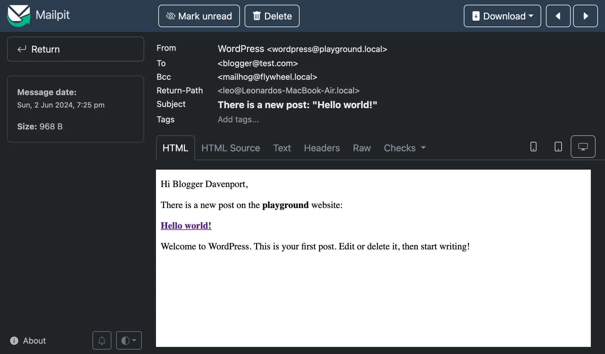 Email de notification d’un nouvel article envoyé à l’utilisateur