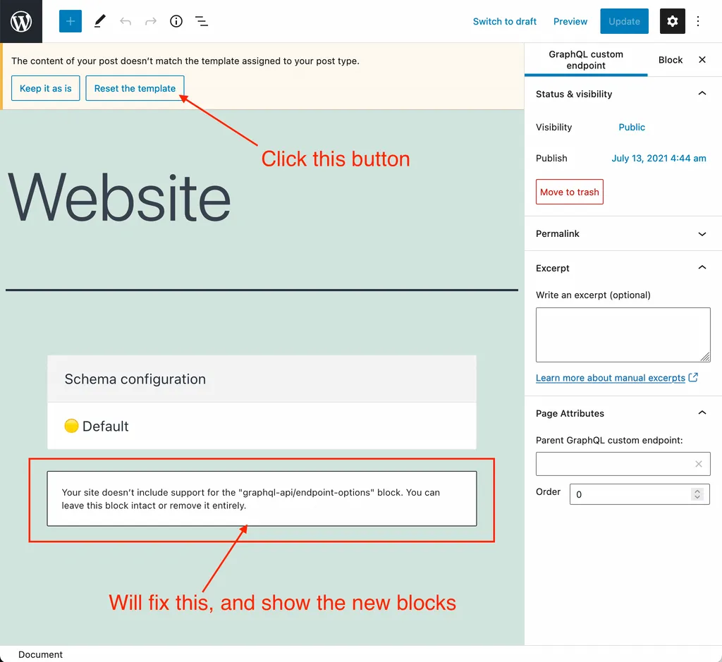Reset the template dans l'éditeur WordPress Reset the template dans l'éditeur WordPress