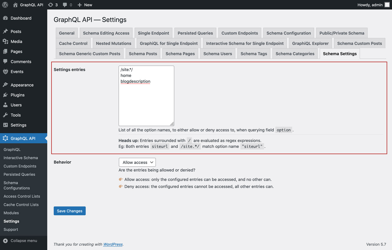 Définition des entrées pour les Settings Définition des entrées pour les Settings
